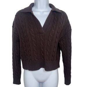 Aritzia Sunday Best Lottie Relaxed Polo Sweater Brown Merino Wool Cable Women XS